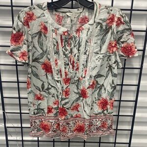 Lucky Brand Red Floral Tie-Front Short Sleeve Top